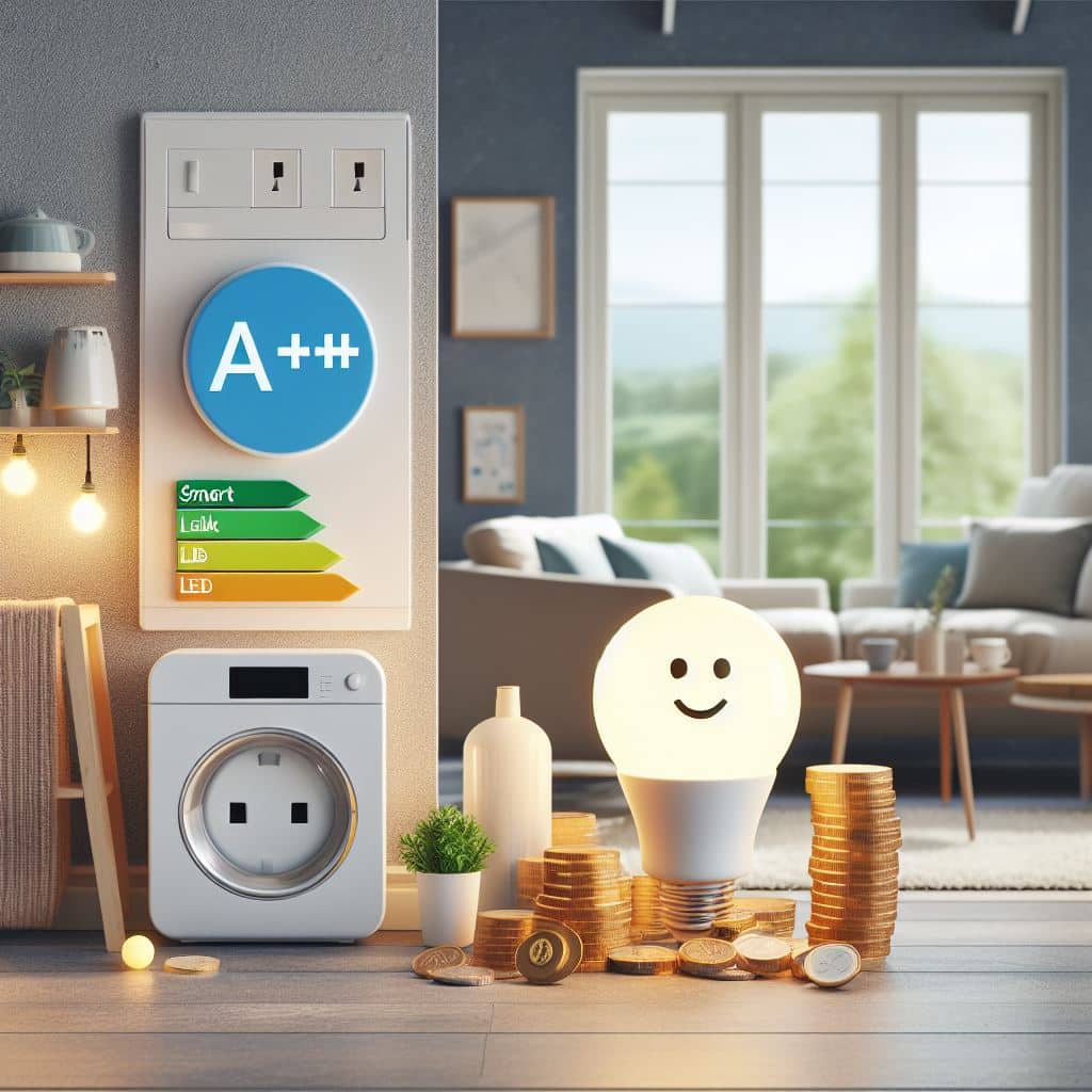 eficiencia energética en el hogar un enchufe inteligente con una sonrisa, una bombilla LED brillante, un electrodoméstico con etiqueta A de eficiencia