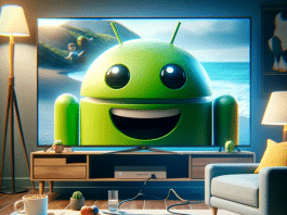 instalar Android TV en Smart TV Un televisor inteligente con expresión feliz, rodeado de cables, con un pequeño Android TV Box conectado