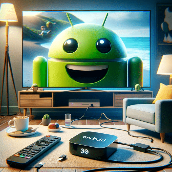 instalar Android TV en Smart TV Un televisor inteligente con expresión feliz, rodeado de cables, con un pequeño Android TV Box conectado