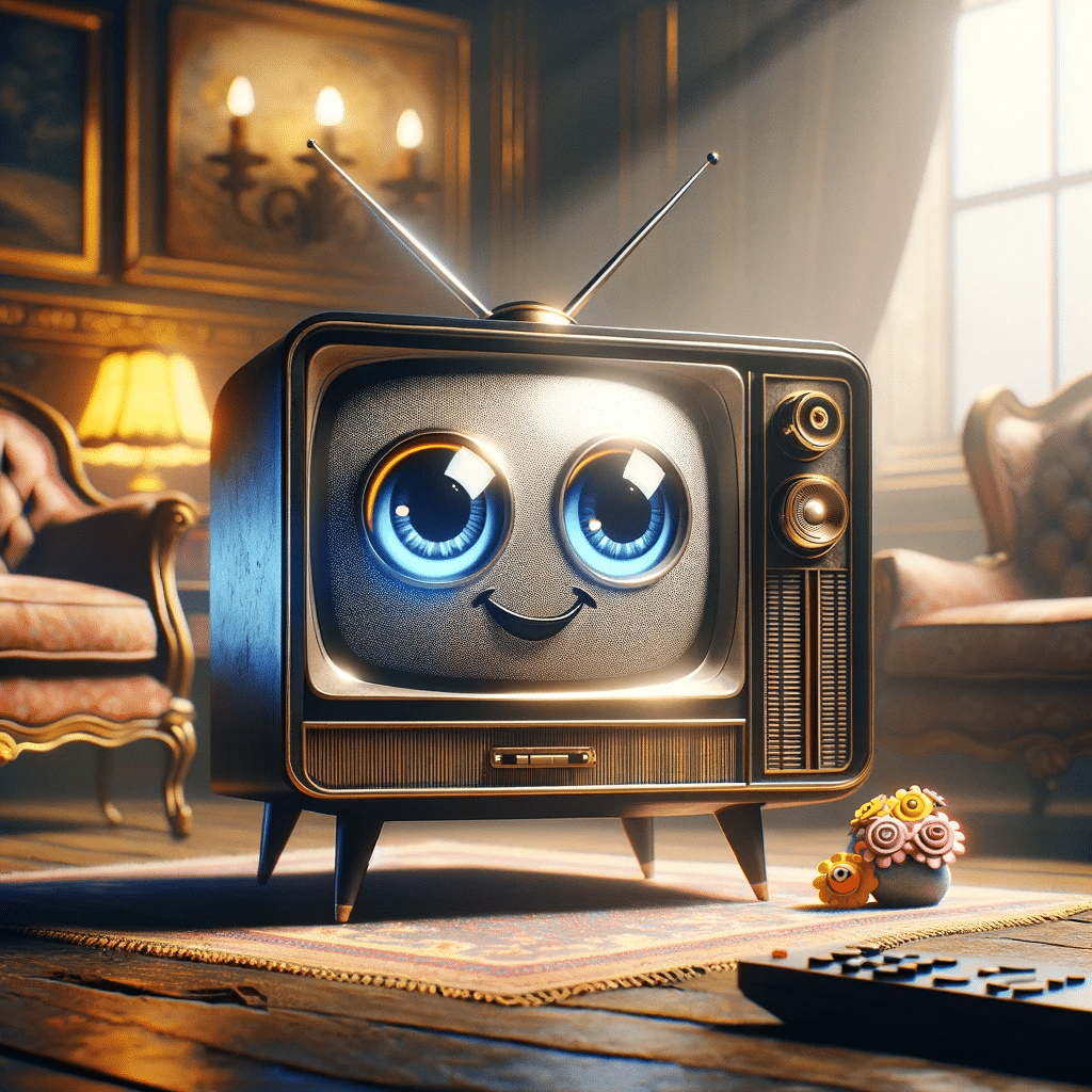 tv box para tv antigua un televisor antiguo animado con ojos en la pantalla y una sonrisa en su rostro, rodeado por un entorno vintage. Junto a él, un moderno TV Box