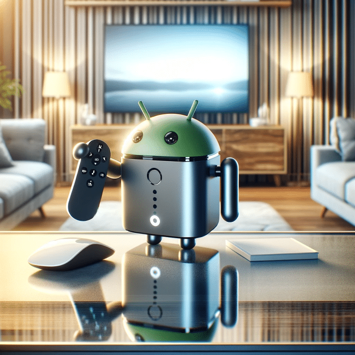 android tv box con mouse un moderno Android TV Box con un ratón inalámbrico sobre un elegante escritorio de vidrio experiencia de navegación personalizada y fluida en un ambiente moderno