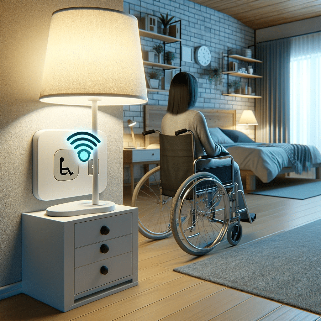 casa inteligente para personas con discapacidad una lámpara se enciende automáticamente gracias al enchufe inteligente wifi al detectar la llegada de su dueño en silla de ruedas