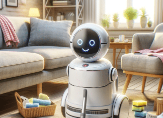 Mejor Robot Aspiradora y Friegasuelos: Potencia de Succión, Sistemas de Fregado, Autonomía y más mejor robot aspiradora y friegasuelos con aspecto de ayudante del hogar Está en una sala de estar, rodeado de muebles y alfombras sucias