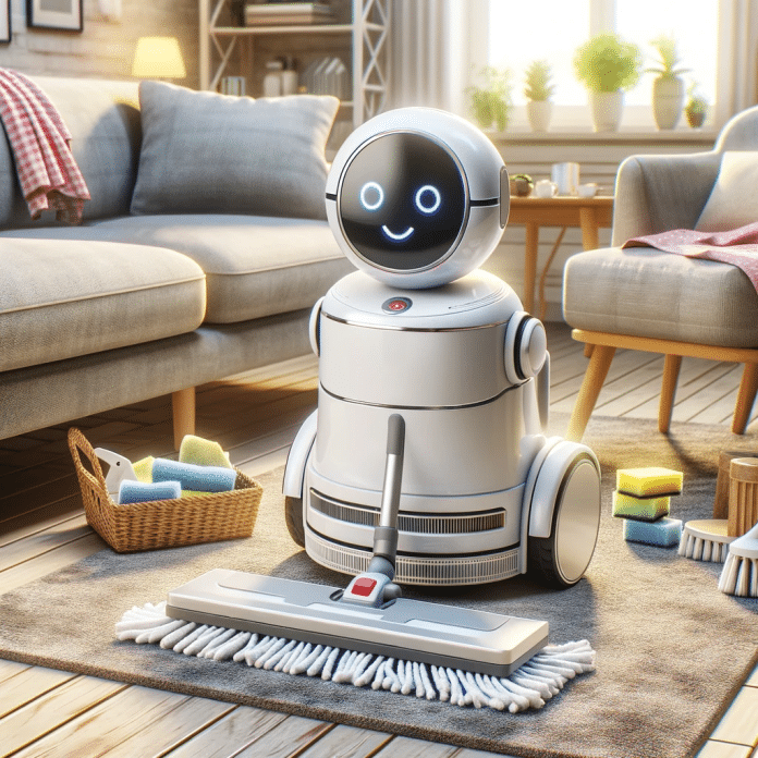 mejor robot aspiradora y friegasuelos con aspecto de ayudante del hogar Está en una sala de estar, rodeado de muebles y alfombras sucias