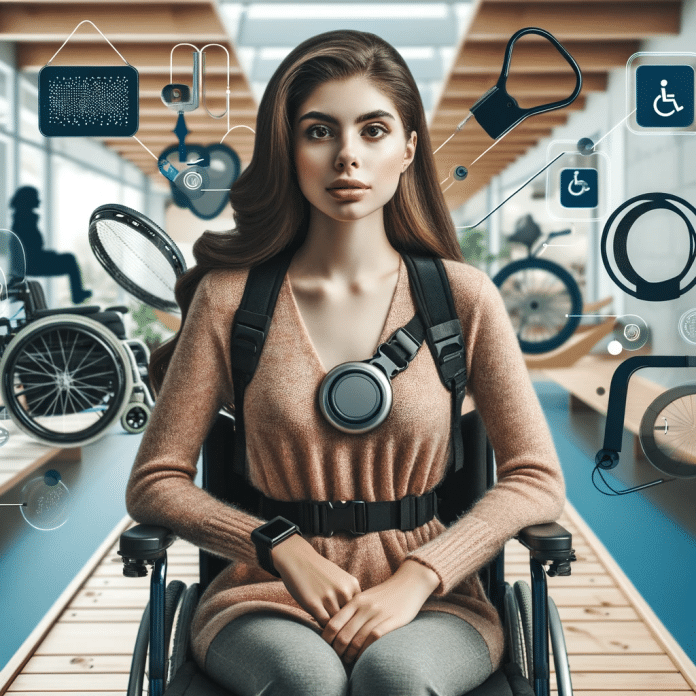 soluciones para personas con discapacidad joven en silla de ruedas rodeada de diferentes herramientas y tecnologías adaptadas para personas con discapacidad