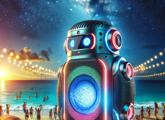 Análisis comparativo y ranking de los mejores altavoces Bluetooth portátiles: descubre cuál es tu mejor opción Altavoz Bluetooth portátil futurista con luces LED brillantes la opción destacada para disfrutar de tu música al aire libre en una playa deslumbrante