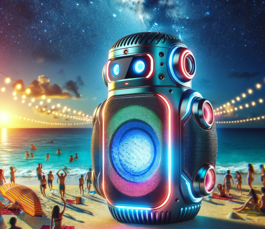 Análisis comparativo y ranking de los mejores altavoces Bluetooth portátiles: descubre cuál es tu mejor opción Altavoz Bluetooth portátil futurista con luces LED brillantes la opción destacada para disfrutar de tu música al aire libre en una playa deslumbrante