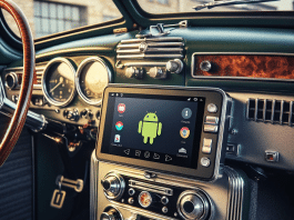 CarAudio con Android para Coche instalado en el panel de un auto antiguo contraste de lo viejo con lo moderno