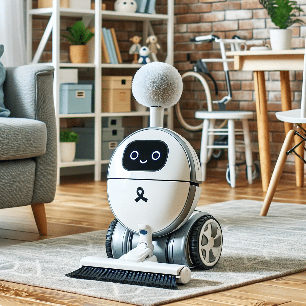 calidad de vida y discapacidad Un robot adorable y amigable con forma de aspiradora y friegasuelos en una sala de estar con muebles y decoración accesibles para personas con discapacidad