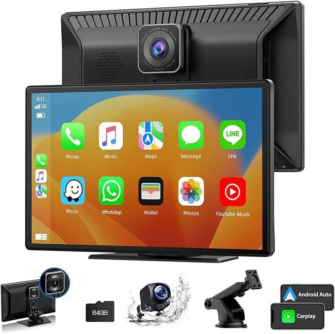 Volam Carplay Inalámbrico Android Auto, 9 Pulgadas Pantalla Coche con Cámara de Tablero Dual 2.5K, Car Play Radio con Pantalla Tactil, Grabación en Bucle, Mirror Link, Bluetooth 5.0, GPS, SD-64GB  