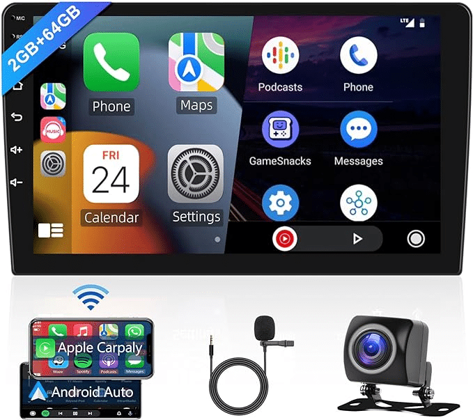 Hodozzy Radio Coche 10,1 Pulgadas 2GB 64GB Carplay Wireless Android Auto, Radio Android Pantalla Táctil 2 DIN Car Radio GPS Bluetooth WiFi FM RDS, Estéreo con Cámara Trasera/USB Reproductor Coche  