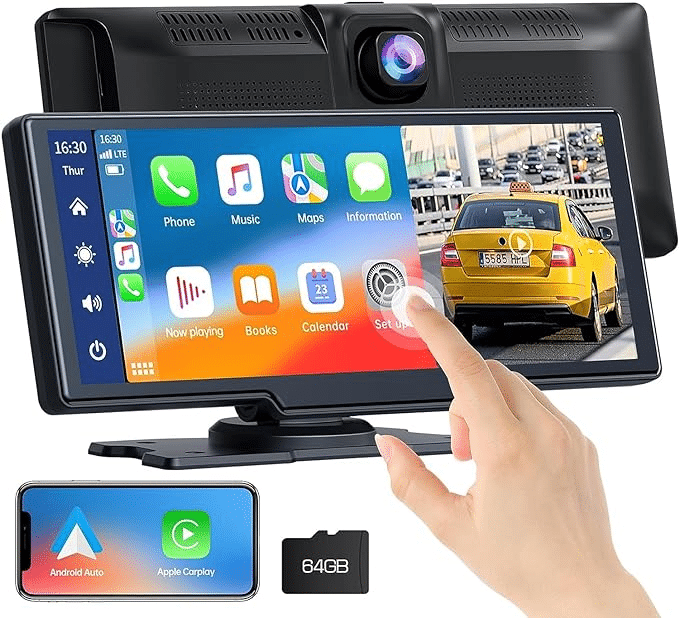 Lamto Inalámbrico Carplay & Android Auto, Estéreo Portátil de 9,26 Pulgadas Radio con Dashcam Frontal 2K,Soporte Grabación en Bucle, Pantalla Tactil, Bluetooth/GPS/FM/Siri/Google/Enlace Espejo/64G TF  