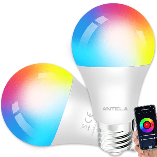 ANTELA Bombilla Inteligente LED E27 Wifi 9W Compatible Con Google Home/Alexa, Bombilla RGB(2700K-6500K) Luces Colores Regulable, Control Remoto,Control De Voz, Ahorro Energético, Paquete 2 [Clase de eficiencia energética F]  