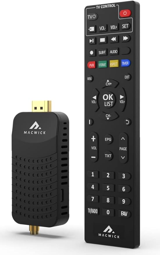 Macwick DVBT2 2024 TDT Mini Decodificador Digital Terrestre 1080P H265 HEVC HD Conexión HDMI y USB, Función PVR, Invisible Nano TV Stick, Control Remoto 2 en 1 Infrarrojo, Instalación Guiada