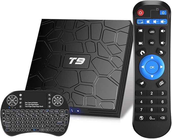 Android TV Box, T9 Android 9.0 TV Box con Mini Teclado inalámbrico 4GB RAM 32GB ROM RK3318 Bluetooth 4.0 Procesador Quad-Core Cortex-A53 2.4/5.0GHz WiFi Compatible con 4k2k Ultra H.265 Smart TV Box