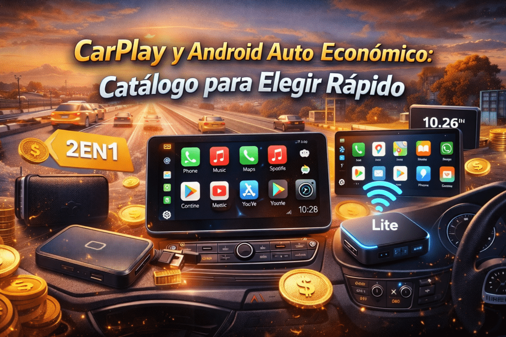 Catálogo económico de CarPlay y Android Auto con adaptadores inalámbricos, AI Box Lite y pantallas para coche